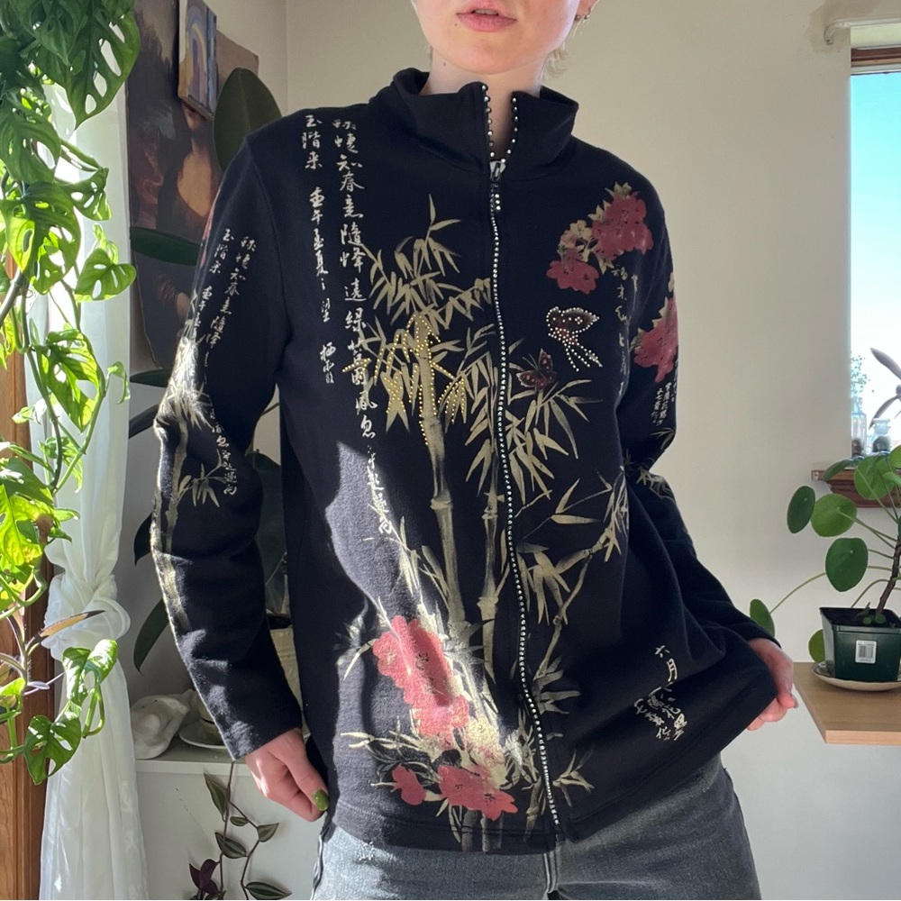 Y2K Cactus Black Bling Floral Bamboo Butterfly Print Lightweight Zip Up Jacket - Picture 3 of 10